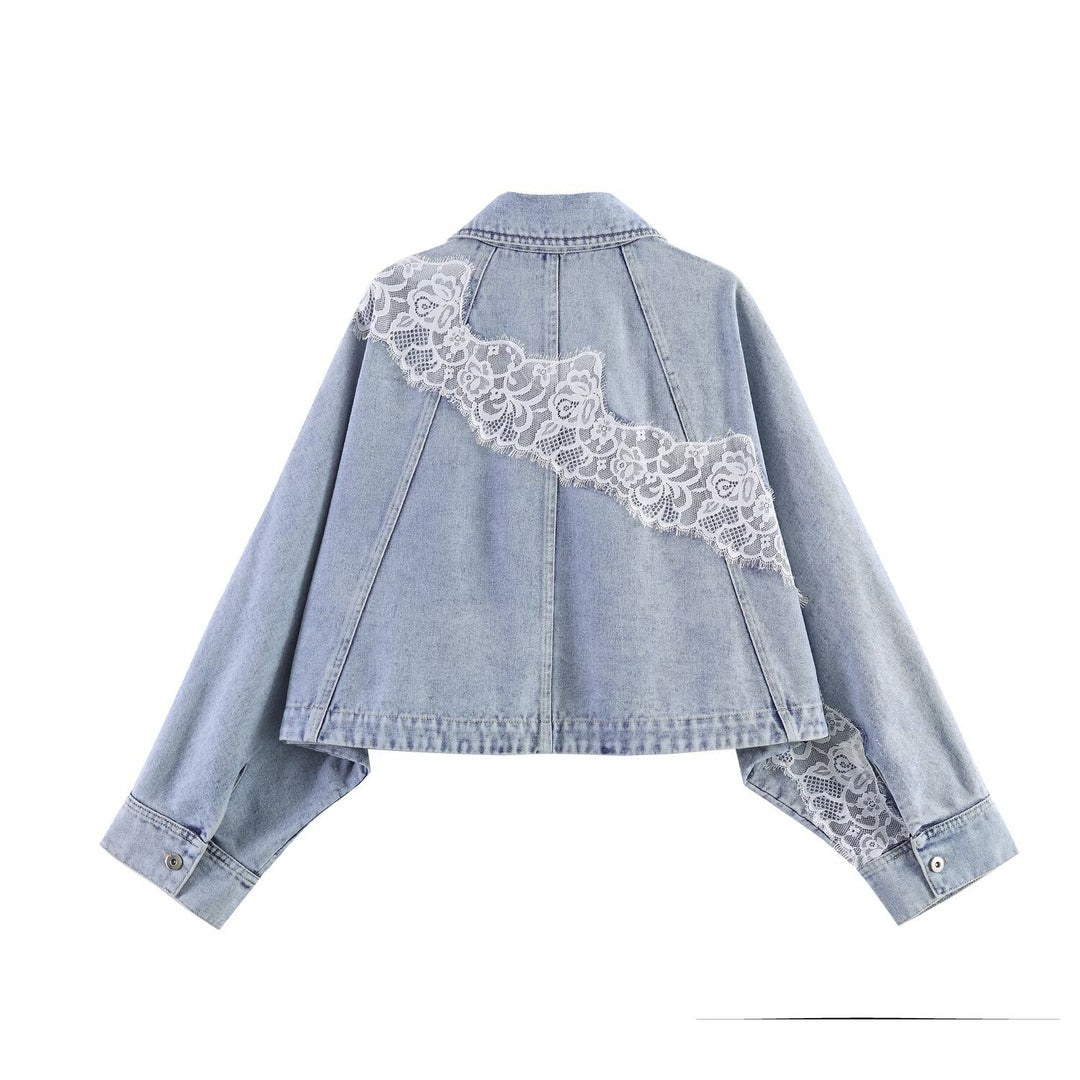 Damen Kurz geschnittene Jeansjacke mit Spitzenapplikation und Oversize-Kimonärmeln Nord Taschen