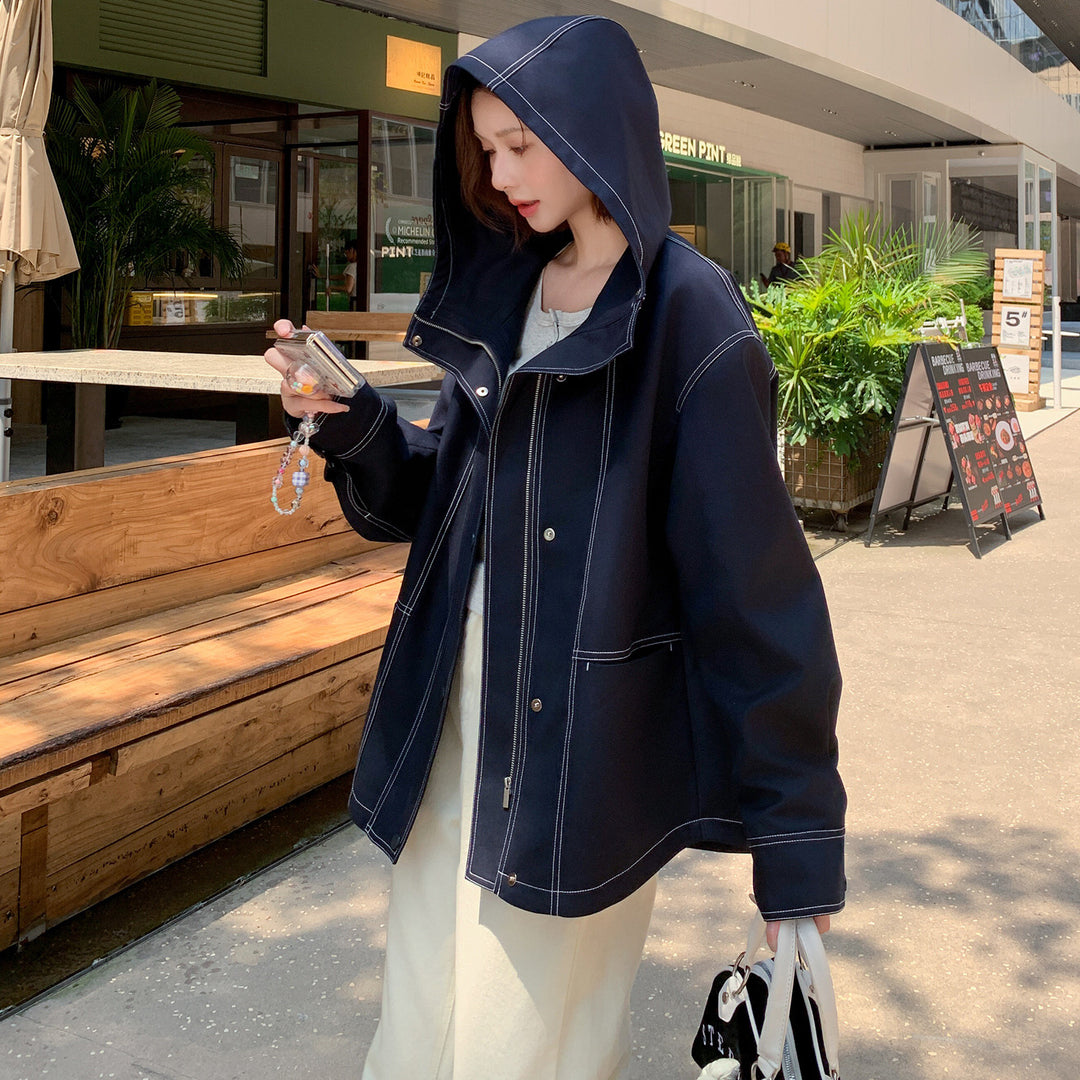 Damen Oversize-Übergangsjacke mit weitem Matrosenkragen und Kontrastnähten Nord Taschen