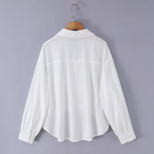 Damen Weite Bluse mit V‑Ausschnitt, Hemdkragen und gerafftem Hoch-Tief-Saum Nord Taschen