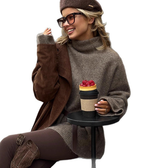 Damen Oversize Mohair-Mix Rollkragen-Pulloverkleid mit Ballonärmeln und Taillengürtel Nord Taschen