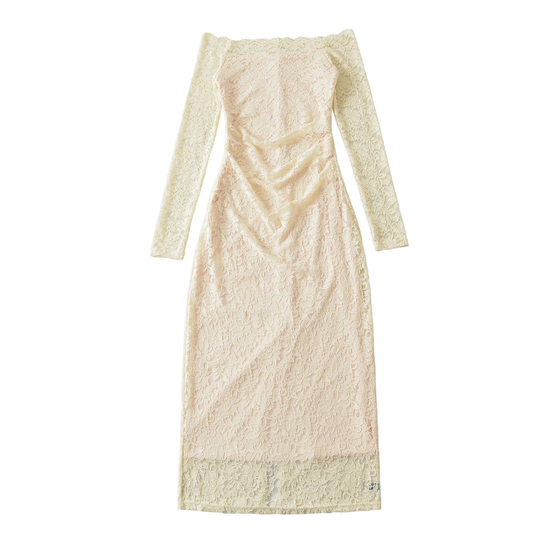 Damen Schulterfreies Spitzenkleid mit Taillenraffung und Langarm Nord Taschen
