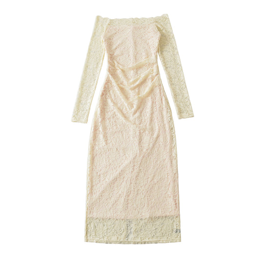 Damen Schulterfreies Spitzenkleid mit Taillenraffung und Langarm Nord Taschen
