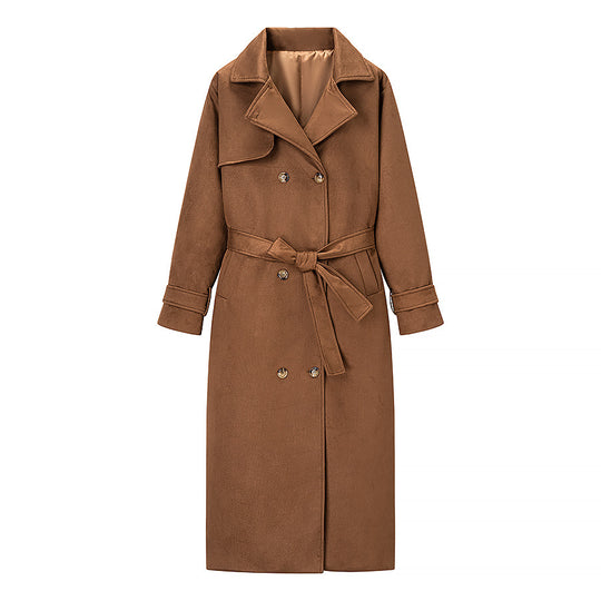 Damen Langer Doppelreihiger Mantel im Trenchcoat‑Stil mit Taillengürtel und Ärmelriegel Nord Taschen
