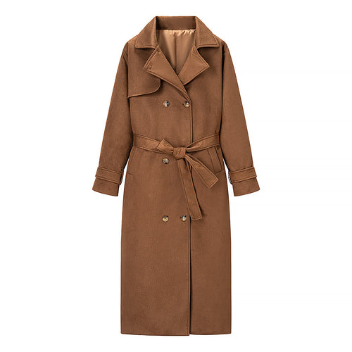 Damen Langer Doppelreihiger Mantel im Trenchcoat‑Stil mit Taillengürtel und Ärmelriegel Nord Taschen