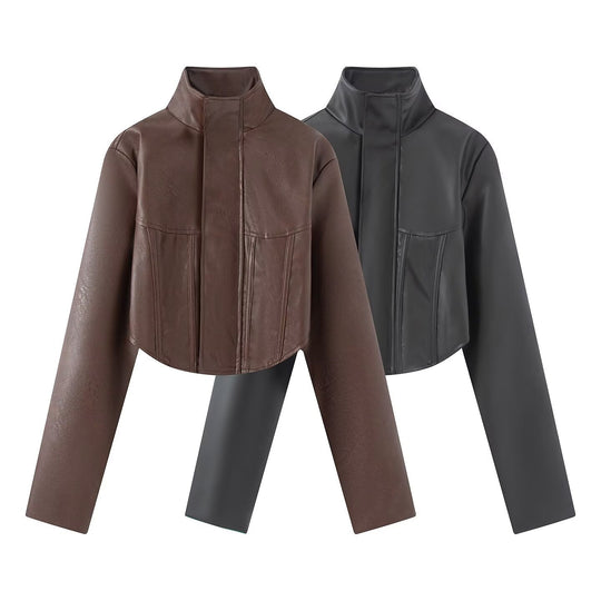 Damen Gekürzte Kunstleder-Jacke mit Stehkragen und taillierten Teilungsnähten Nord Taschen