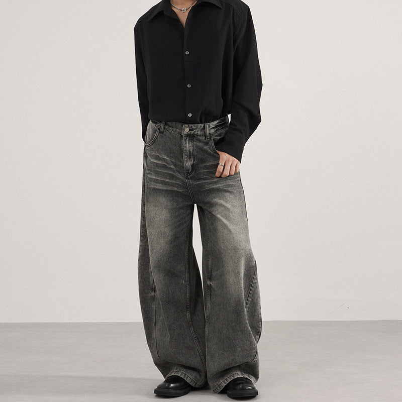 Herren Ultraweite vintagegewaschene Denim-Palazzohose mit tiefem Schritt und geradem Saum Nord Taschen