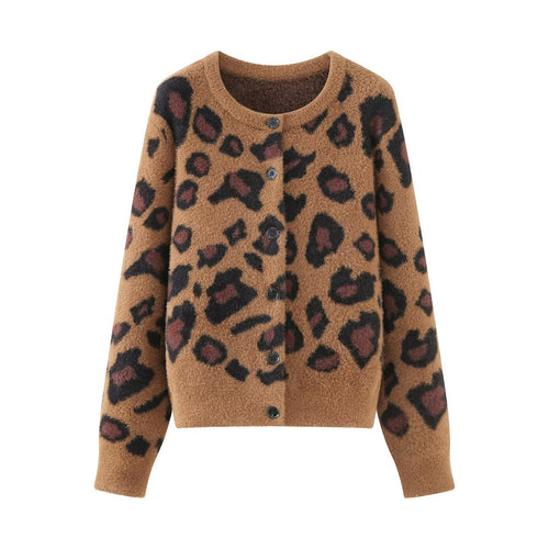 Damen Flauschige Strickjacke im Leoprint mit Rundhals und Knopfleiste Nord Taschen