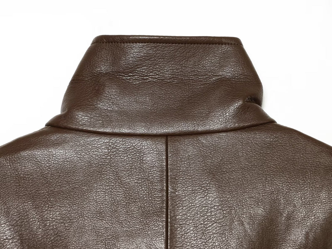 Damen taillierte Lederoptik-Bikerjacke mit hohem Funnelkragen Nord Taschen