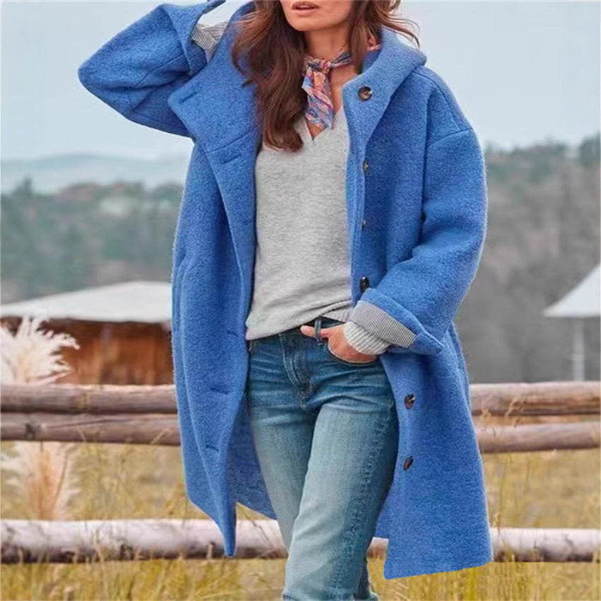 Damen Bouclé-Kapuzenmantel im Oversize-Schnitt mit verdeckter Knopfleiste Nord Taschen