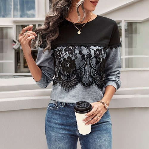 Damen Lässiges Longsleeve mit floraler Spitzenapplikation, Colorblock‑Yoke und Rundhals Nord Taschen