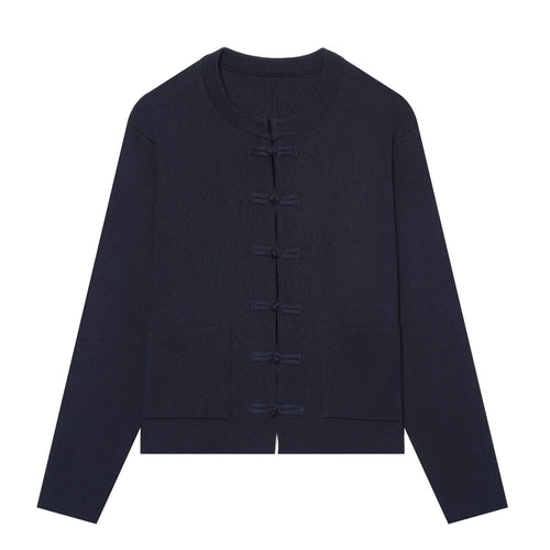 Damen Kurzer Strukturstrick-Cardigan mit Knoten-Froschverschlüssen und aufgesetzten Taschen Nord Taschen