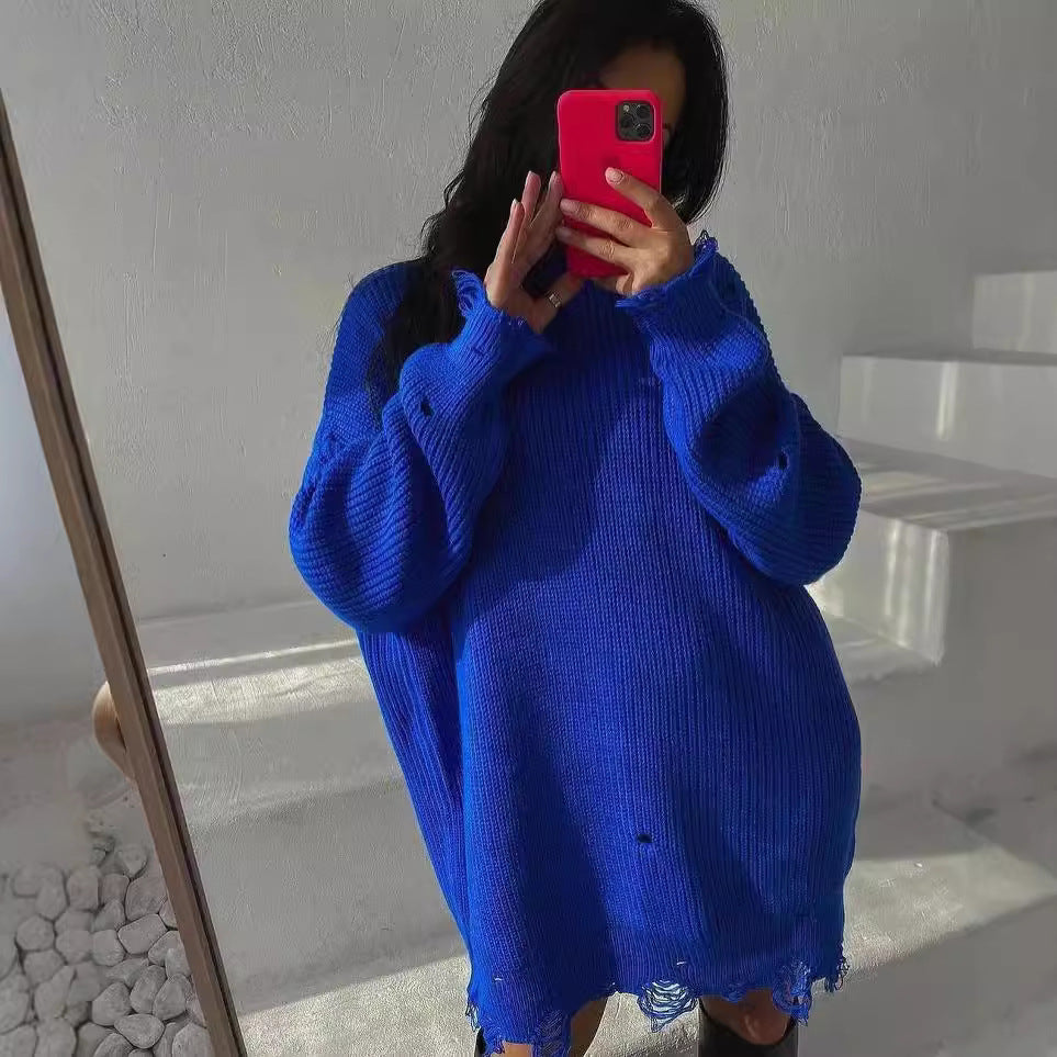 Damen Oversized Strickkleid mit Destroyed-Saum und Ballonärmeln Nord Taschen