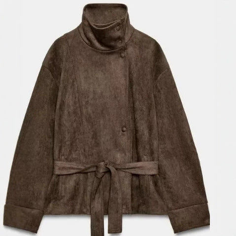 Damen Kurzblouson aus Kunstleder mit doppelreihiger Knopfleiste und Schultercape Nord Taschen