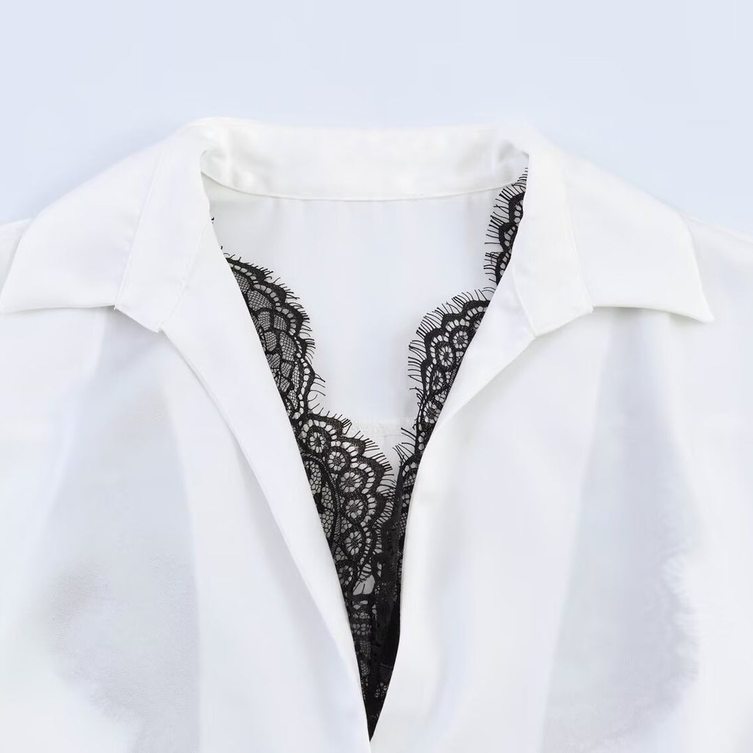 Damen Seidige Oversize-Bluse mit Spitzeneinsatz und Hemdkragen Nord Taschen
