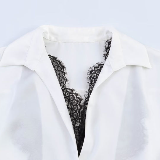 Damen Seidige Oversize-Bluse mit Spitzeneinsatz und Hemdkragen Nord Taschen