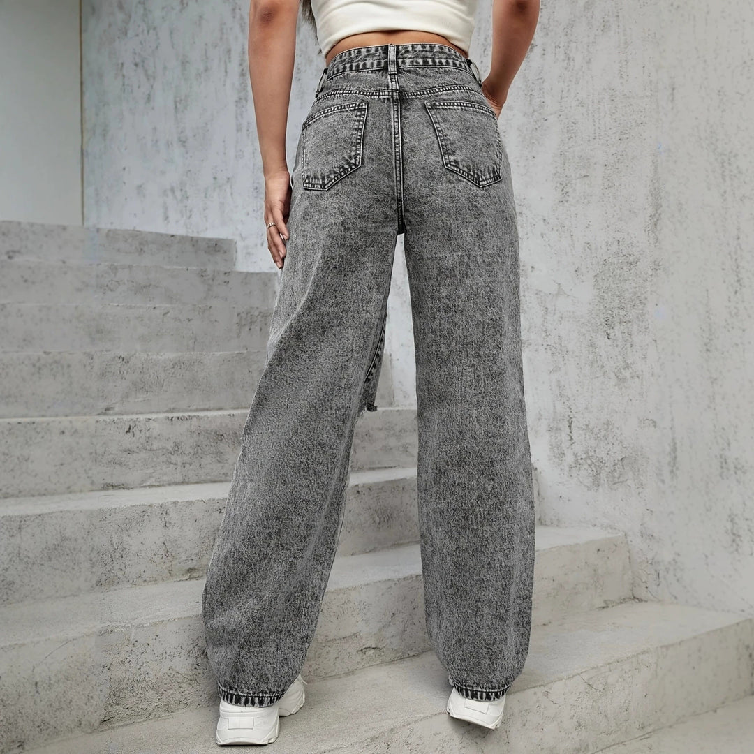 Damen High‑Waist Destroyed Wide‑Leg Jeans mit Knieauschnitten Nord Taschen