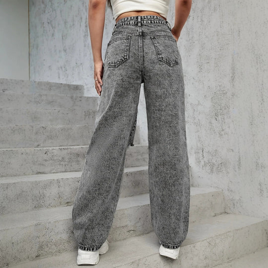 Damen High‑Waist Destroyed Wide‑Leg Jeans mit Knieauschnitten Nord Taschen