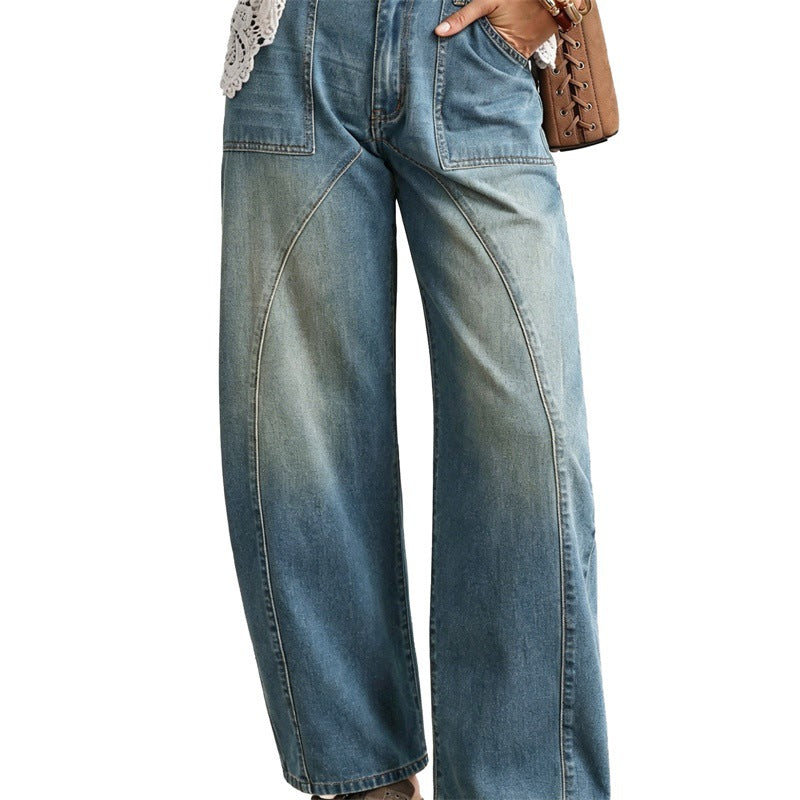 Damen Weite hochgeschnittene Jeans mit geschwungenen Nahtdetails und aufgesetzten Taschen Nord Taschen