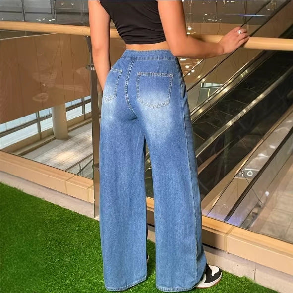 Damen weite High‑Waist Palazzo-Jeans aus Stretch-Denim mit Bundfalten & Bindegürtel Nord Taschen