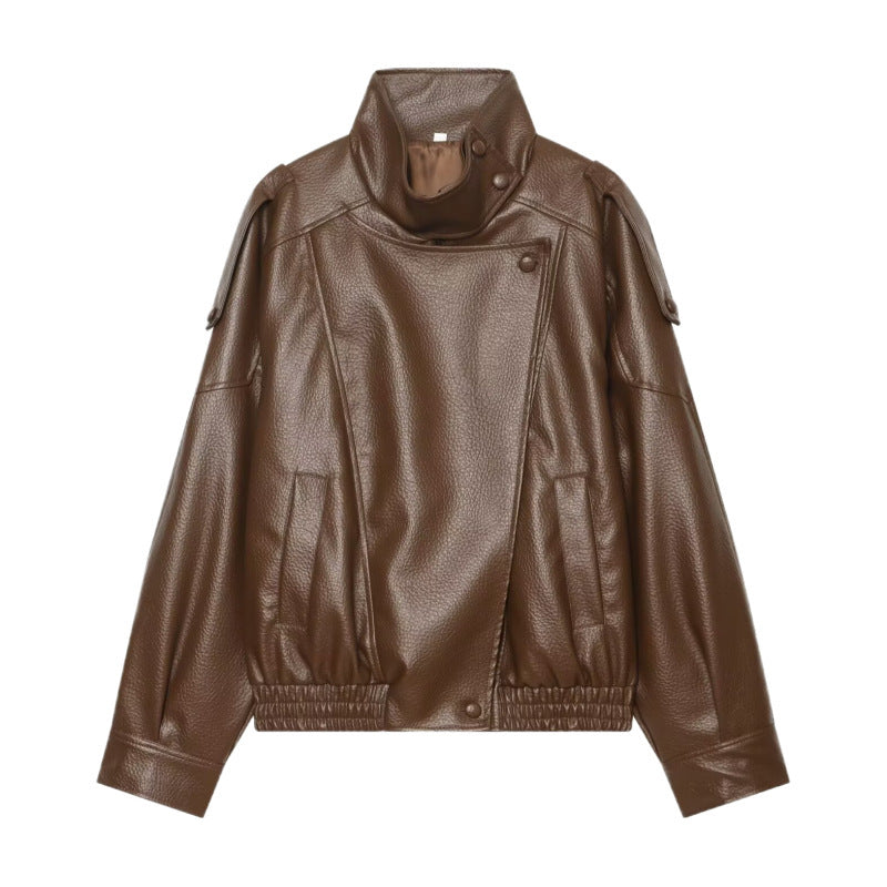 Damen Kunstleder-Bomberjacke mit hohem Stehkragen, asymmetrischem Verschluss und elastischem Saum Nord Taschen