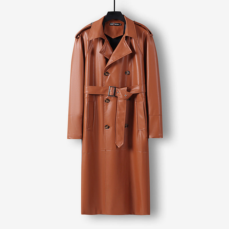 Herren Langer Kunstleder-Trenchcoat mit Doppelreiher, Taillengürtel und Schulterklappen Nord Taschen