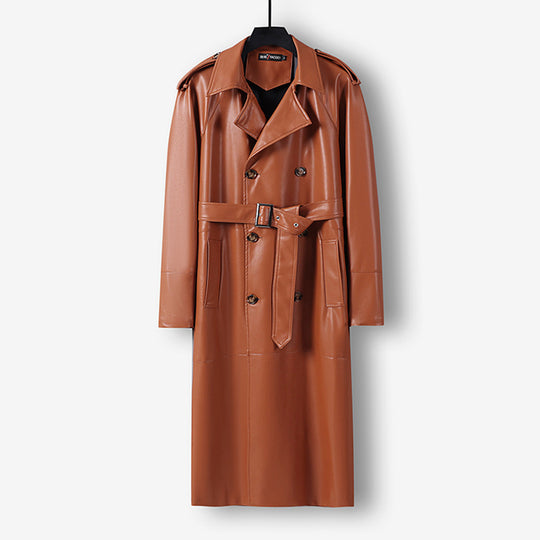 Herren Langer Kunstleder-Trenchcoat mit Doppelreiher, Taillengürtel und Schulterklappen Nord Taschen