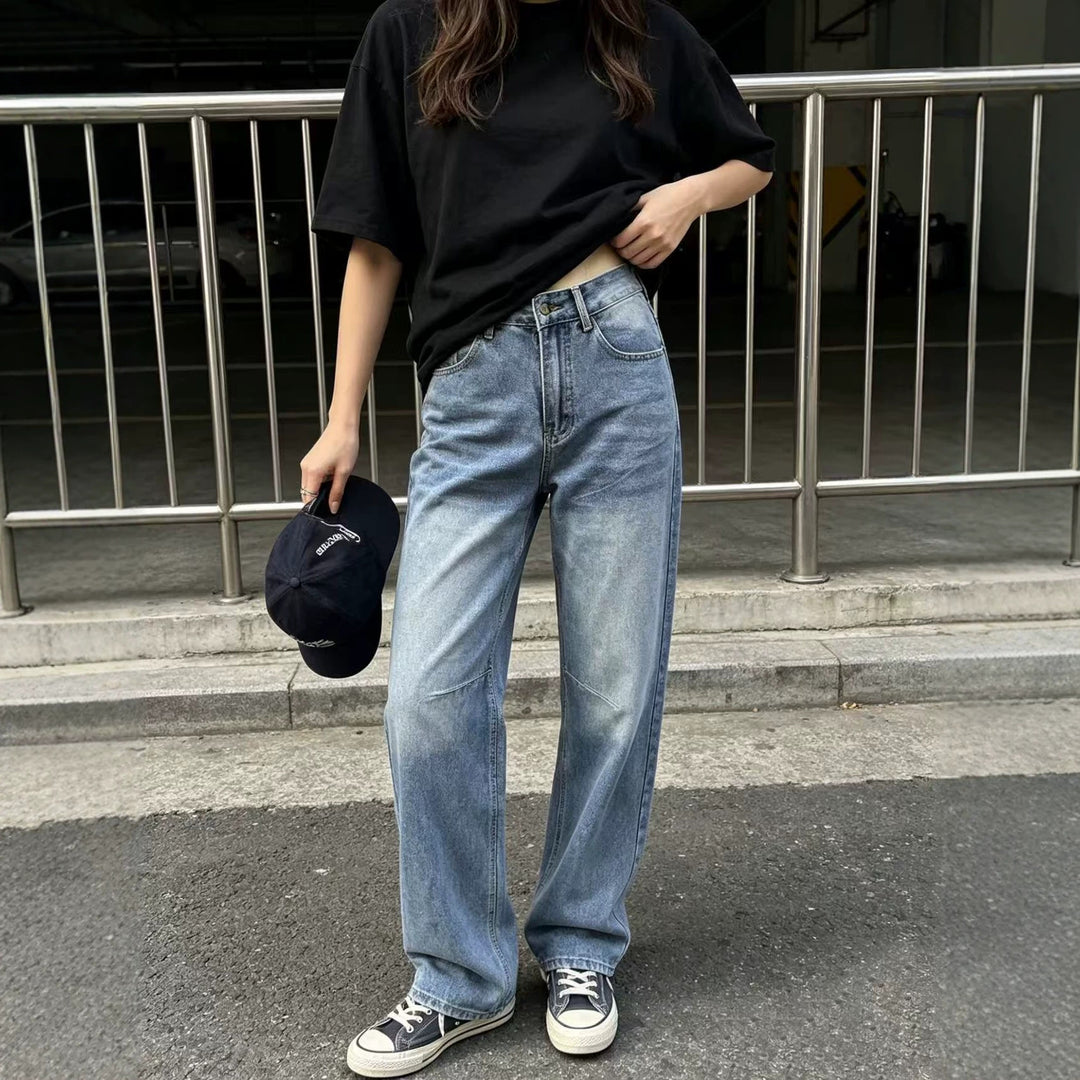 Damen hochgeschnittene weite Jeans mit geradem Bein, Knieabnähern und klassischem Five‑Pocket‑Schnitt Nord Taschen
