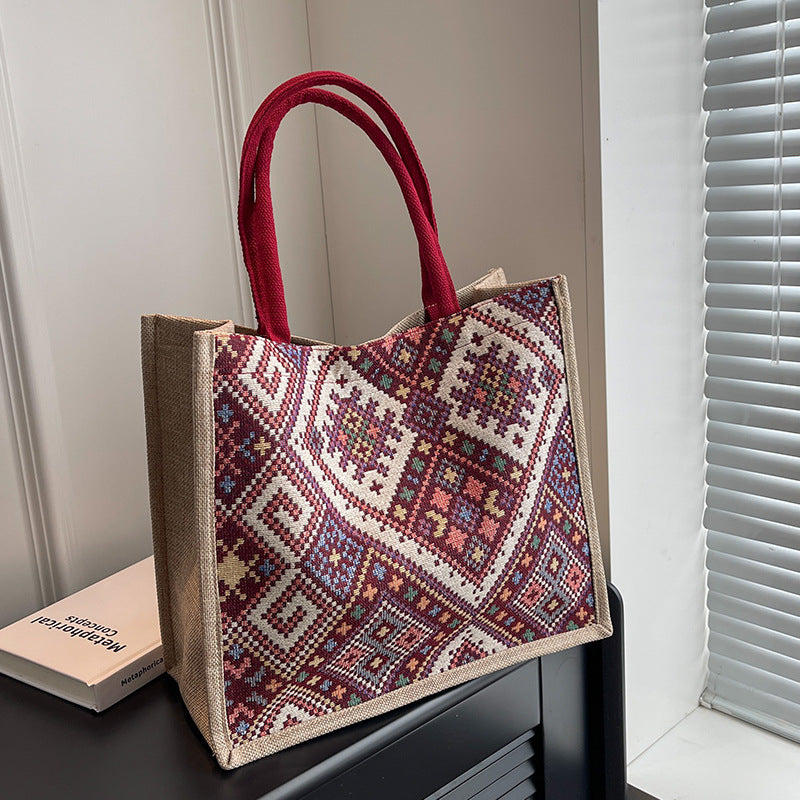 Damen Jute-Tragetasche mit farbenfrohem, geometrischem Muster Nord Taschen