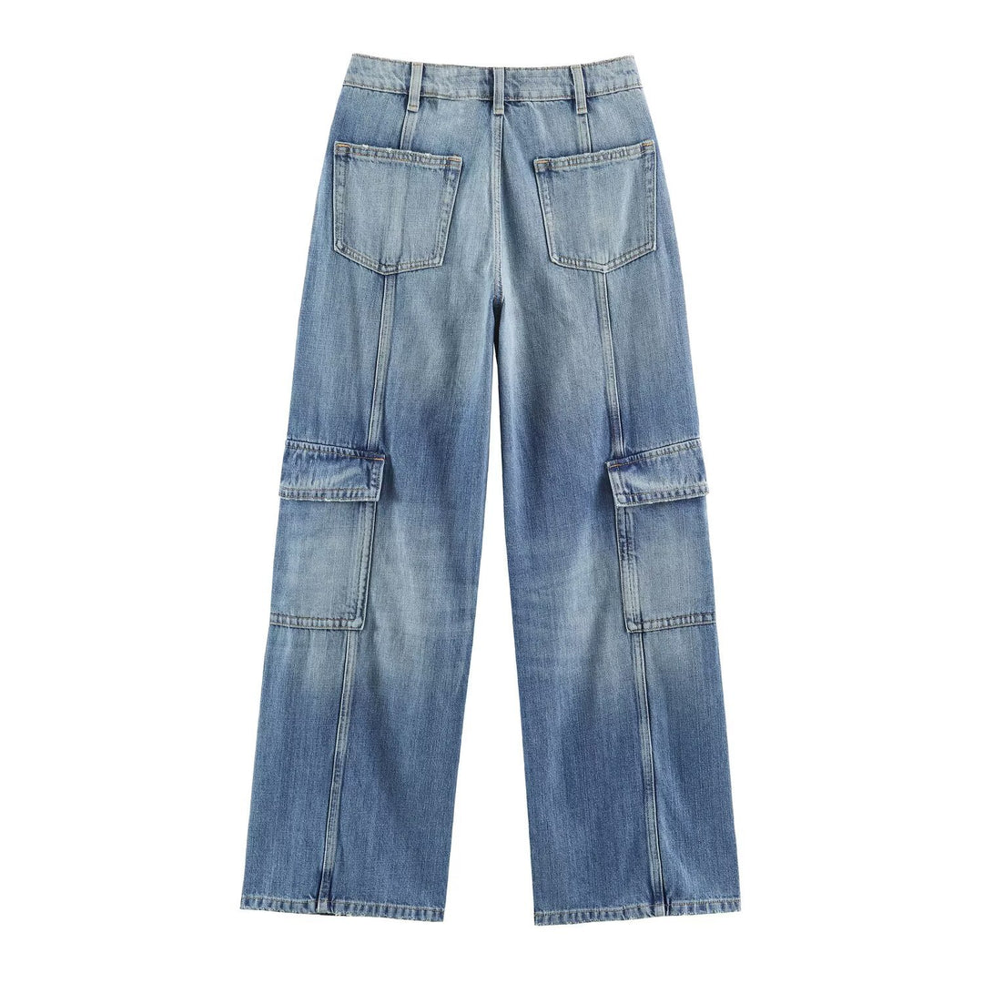 Damen Weite Cargo-Jeans mit hohem Bund, aufgesetzten Pattentaschen und Ziernähten Nord Taschen