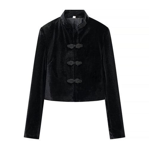 Damen Cropped Jacke im Mandarinstil mit Stehkragen und Zierknotenverschlüssen Nord Taschen