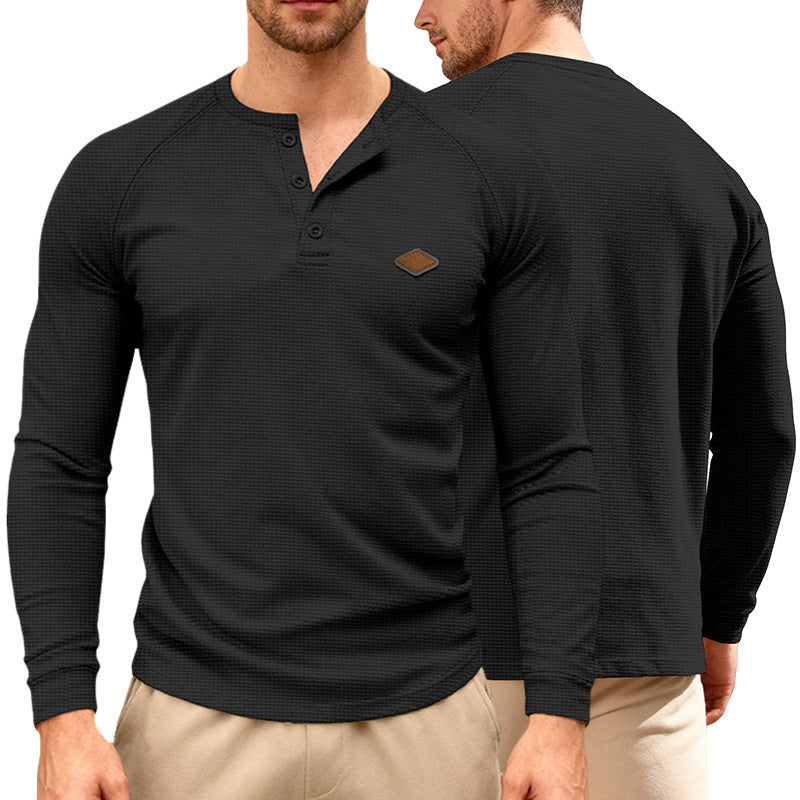 Herren nan Waffelstrick-Henley Langarmshirt mit Raglanärmeln, Halbknopfleiste und Lederlabel Nord Taschen