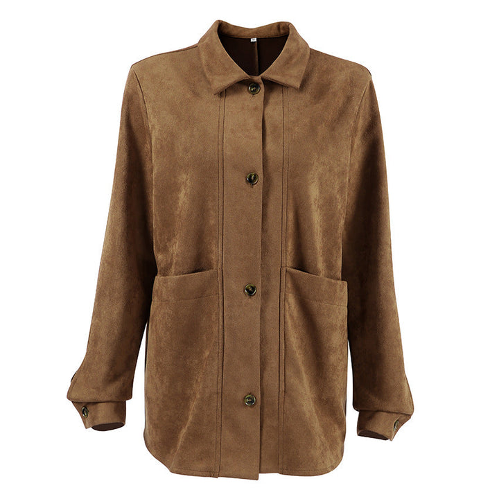 Damen Modische Wildlederjacke mit Druckknopfverschluss und praktischen Taschen