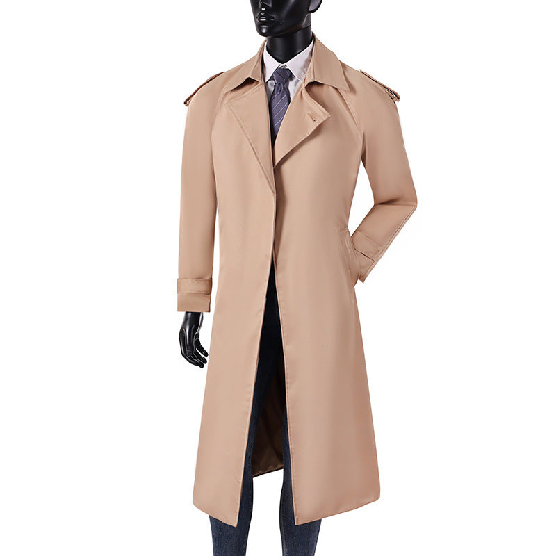 Herren eleganter knie- bis wadenlanger Trenchcoat mit verdeckter Knopfleiste und Schulterklappen Nord Taschen