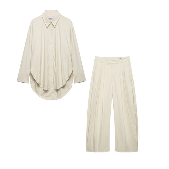 Damen Zweiteiliges Oversize-Hemd- und Weite-Faltenhose-Set Nord Taschen