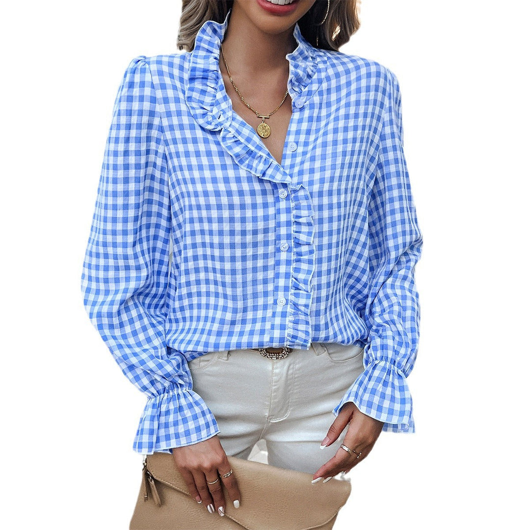 Damen Karierte Bluse mit Rüschendetails und Knopfleiste