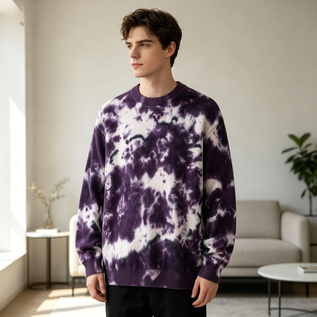 Herren Oversized Batik-Pullover mit Rundhalsausschnitt und Rippbündchen Nord Taschen