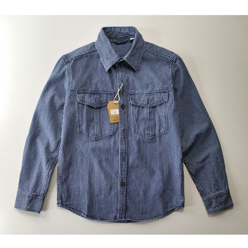 Herren Leichte gestreifte Denim-Worker-Hemdjacke mit aufgesetzten Pattentaschen Nord Taschen