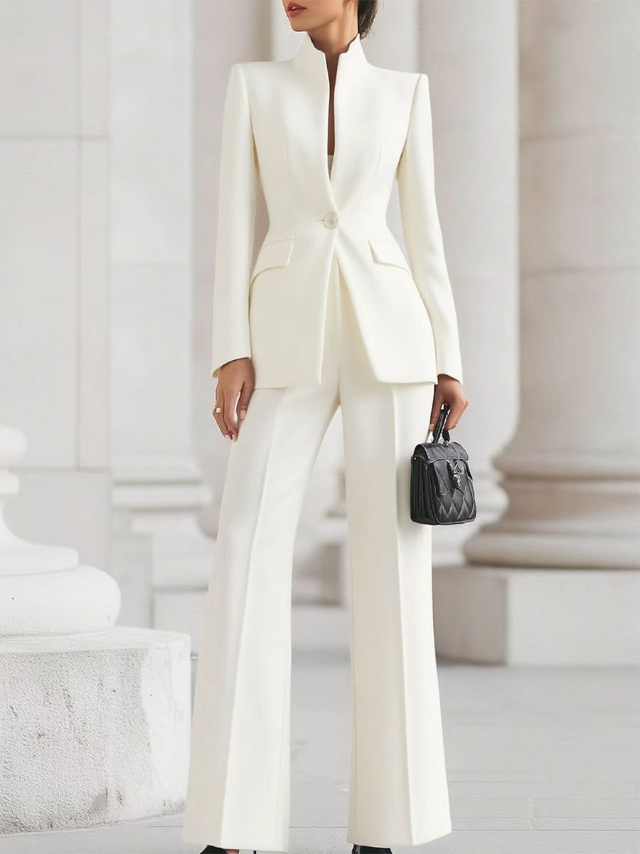 Damen Taillierter Blazer mit Stehkragen und High‑Waist ausgestellte Hose Nord Taschen