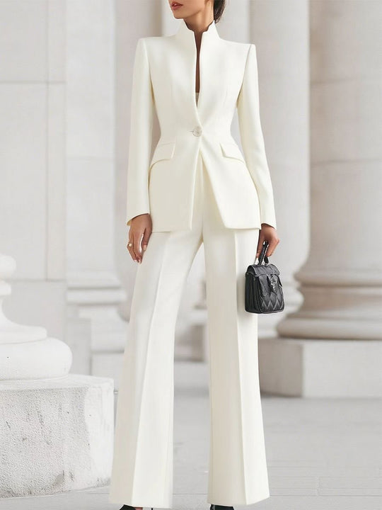 Damen Taillierter Blazer mit Stehkragen und High‑Waist ausgestellte Hose Nord Taschen