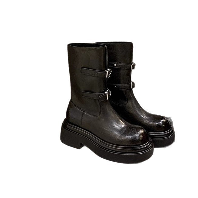 Damen kniehohe Plateau‑Bikerstiefel mit markanter Lug‑Sohle und drei Ziergürteln Nord Taschen