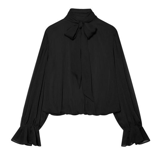 Damen Schlupfbluse mit Schleifenkragen, plissierten Volantärmeln und elastischem Saum Nord Taschen