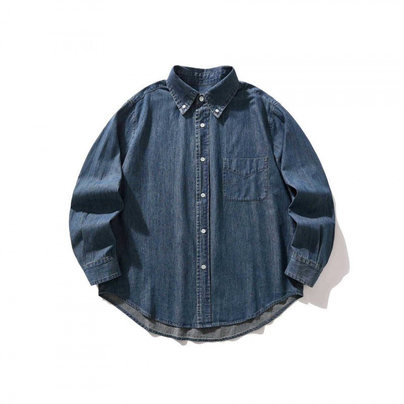 Unisex Oversize-Denim-Hemdjacke mit Knopfkragen, aufgesetzter Brusttasche und abgerundetem Saum Nord Taschen
