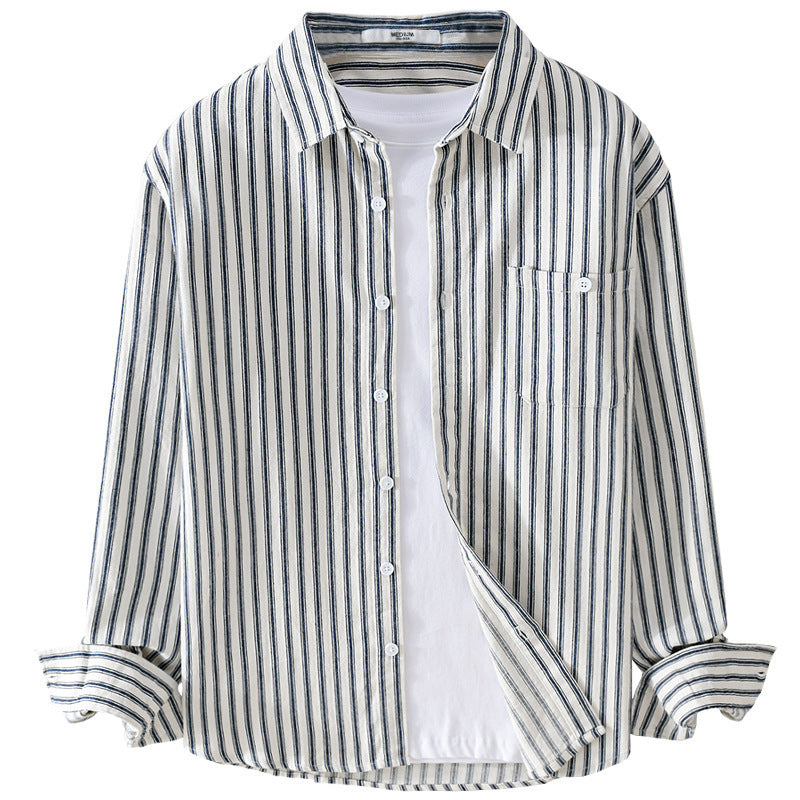 Herren Leichtes gestreiftes Layering-Overshirt aus Leinen-Baumwollmix mit Brusttasche und abgerundetem Saum Nord Taschen
