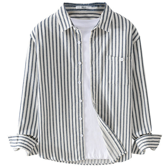 Herren Leichtes gestreiftes Layering-Overshirt aus Leinen-Baumwollmix mit Brusttasche und abgerundetem Saum Nord Taschen