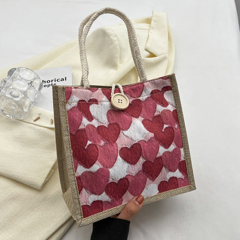 Damen Jute Tragetasche mit liebevollem Herzdesign und praktischem Knopfverschluss Nord Taschen