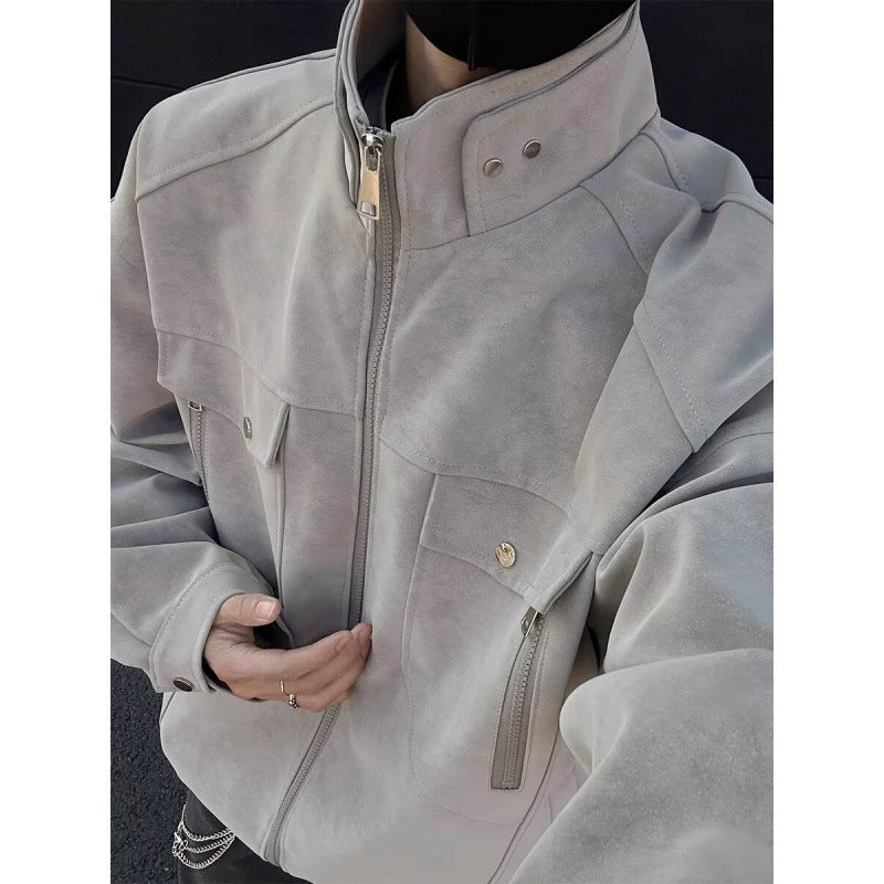 Herren Oversized Wildleder-Optik Utility-Jacke mit hohem Stehkragen Nord Taschen