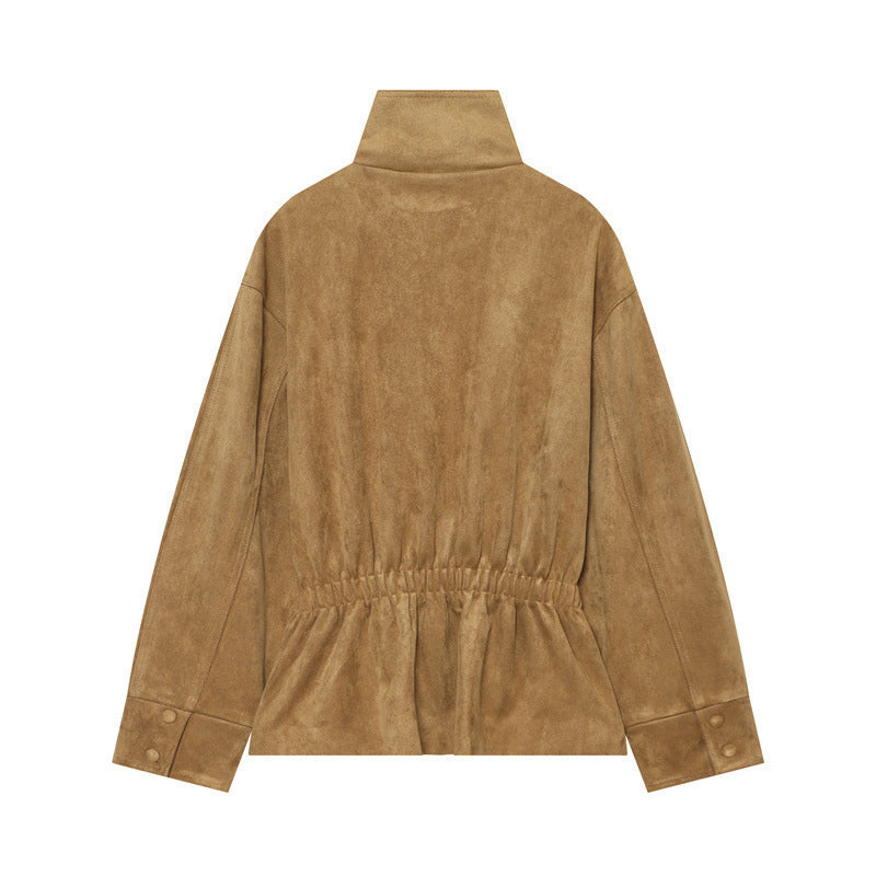 Damen Kurzjacke im Boxy-Cut aus Velourslederoptik mit hohem Stehkragen und Bindegürtel Nord Taschen