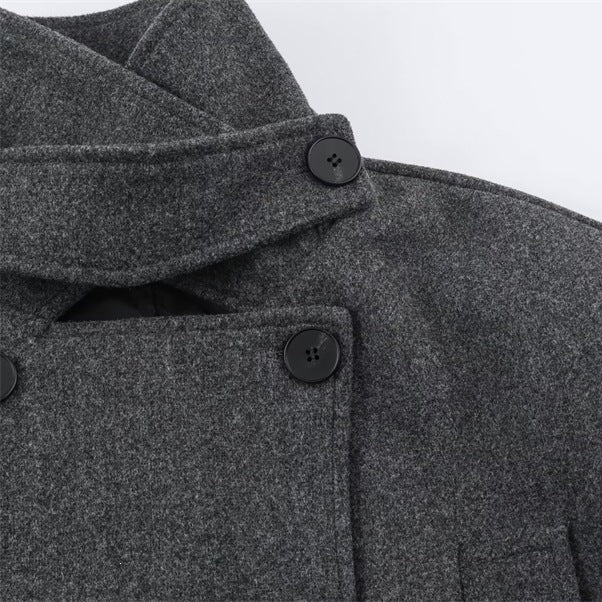 Herren Kurzer doppeltreihiger Wollmantel mit Stehkragen und Taillengürtel Nord Taschen