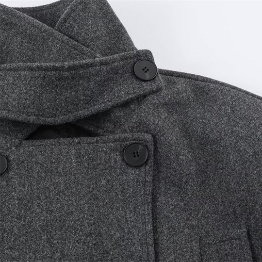 Herren Kurzer doppeltreihiger Wollmantel mit Stehkragen und Taillengürtel Nord Taschen