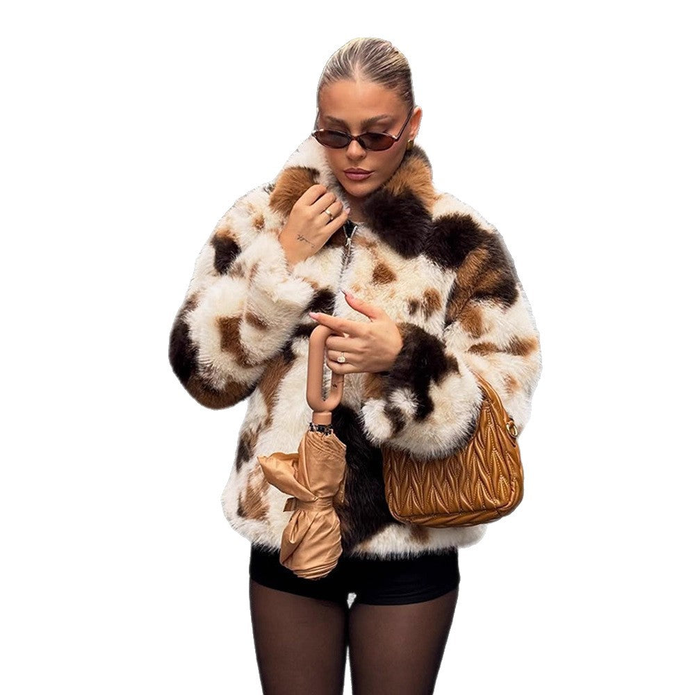 Damen Kurzer Patchwork-Kunstfellblouson mit Stehkragen und verdecktem Reißverschluss Nord Taschen